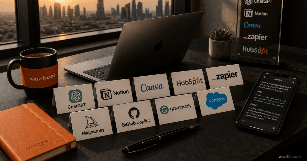 Professionals in a Gulf office using laptops and dashboards to apply best AI tools UAE 2026 in real business workflows