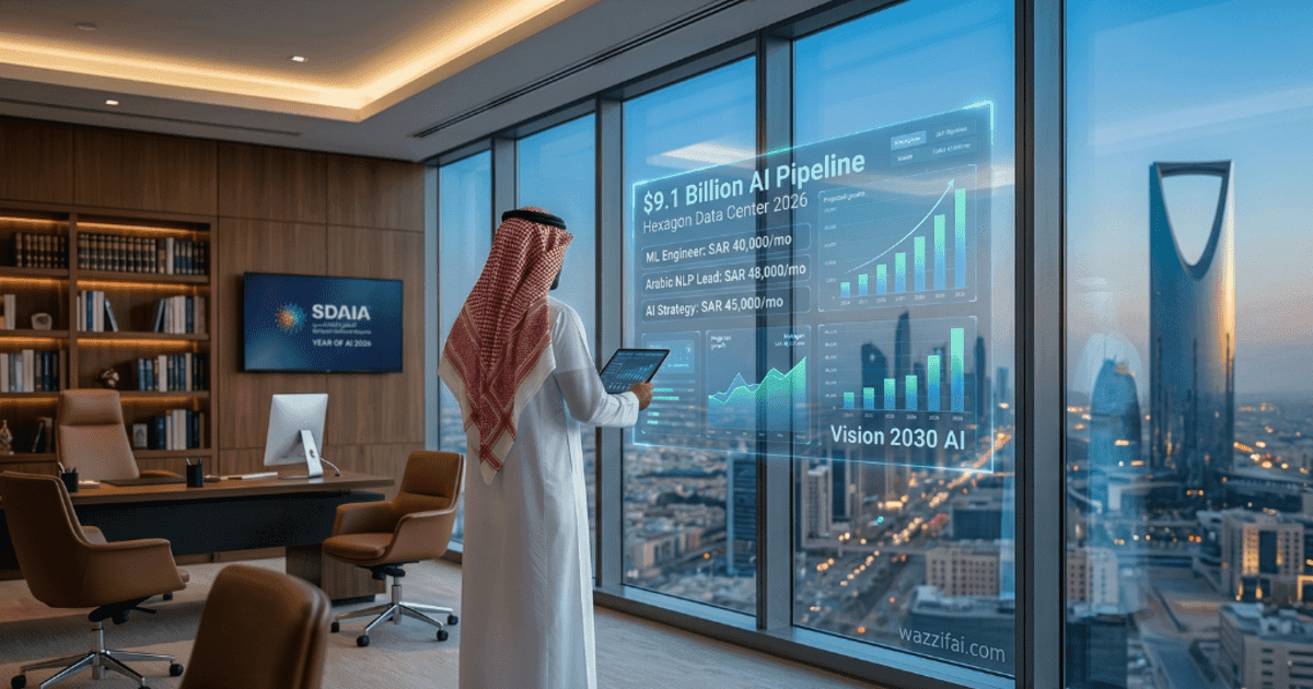 A professional analyst reviewing the Saudi Arabia Year of AI 2026 career growth data and $9.1 billion investment figures on a digital interface in Riyadh.
