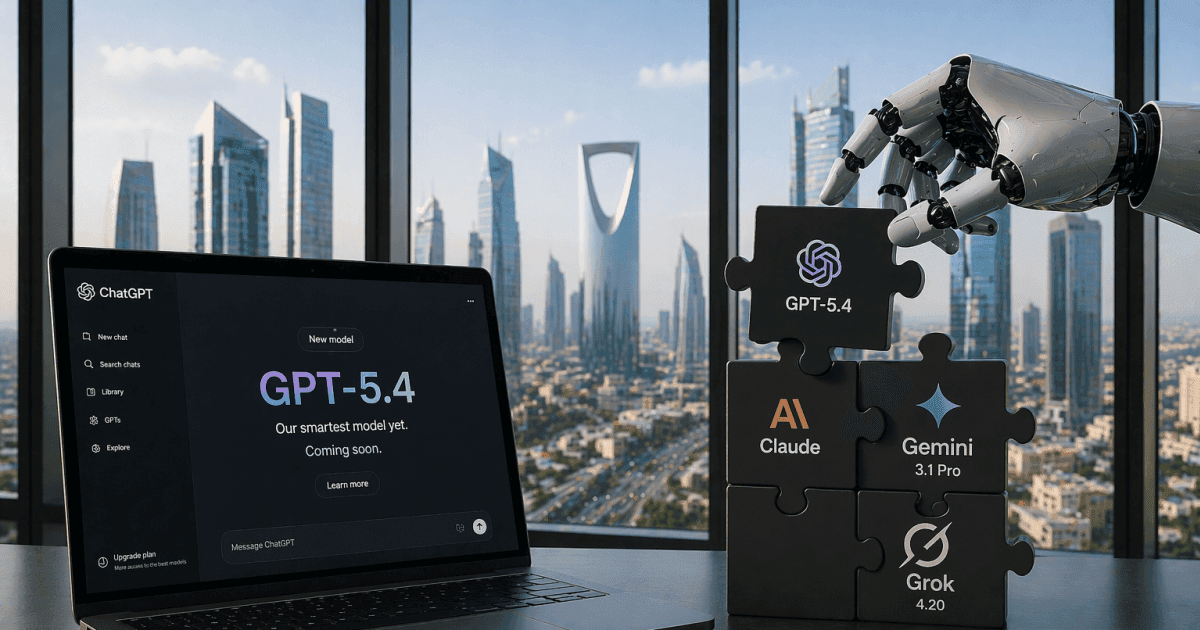 A visual comparison dashboard showing GPT-5.4 vs Gemini 3.1 Gulf professionals 2026 with benchmarks, pricing, and use case insights