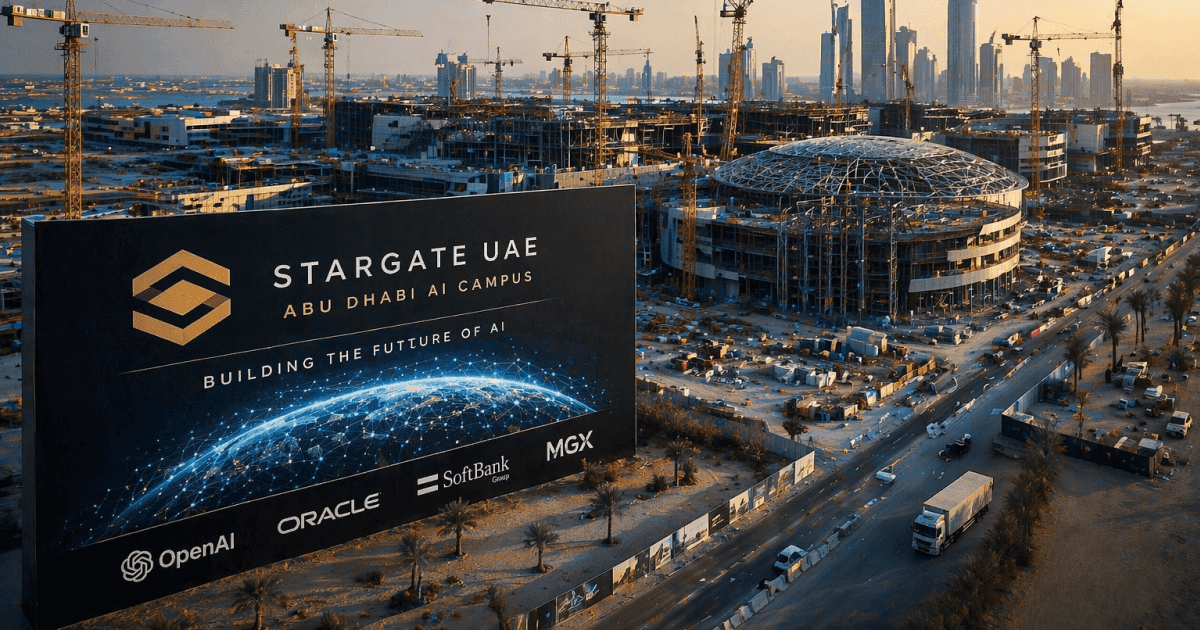 Construction underway at the Stargate UAE AI campus in Masdar City, Abu Dhabi, the largest AI infrastructure project outside the United States for Gulf professionals in 2026