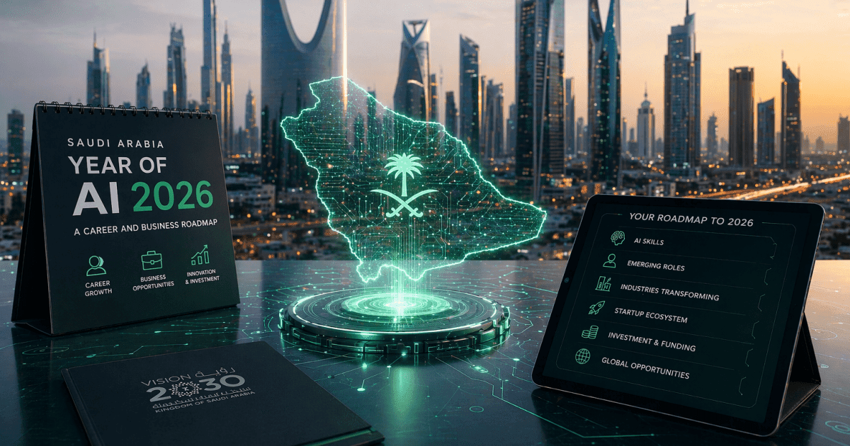 A professional analyst reviewing the Saudi Arabia Year of AI 2026 career growth data and $9.1 billion investment figures on a digital interface in Riyadh.
